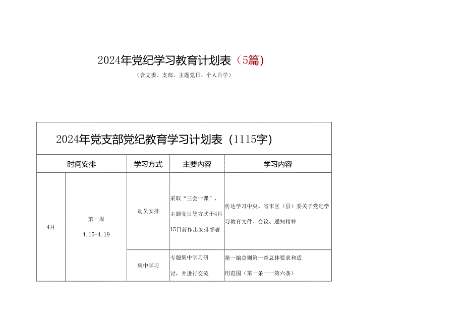 最新2024年党纪学习教育学习计划表（含《中国共产党纪律处分条例》）合集资料.docx_第1页