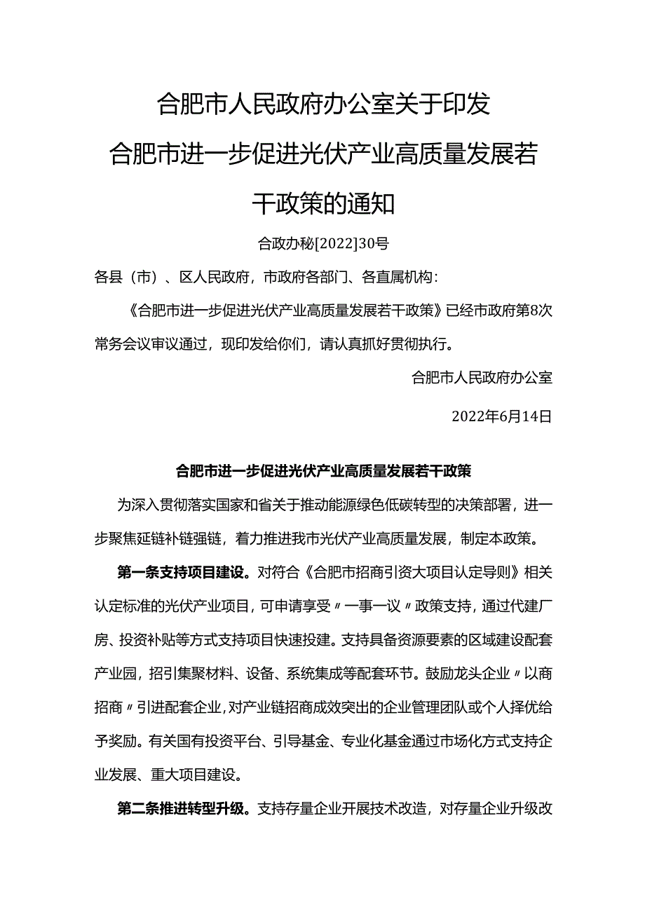 【政策】合肥市进一步促进光伏产业高质量发展若干政策.docx_第1页