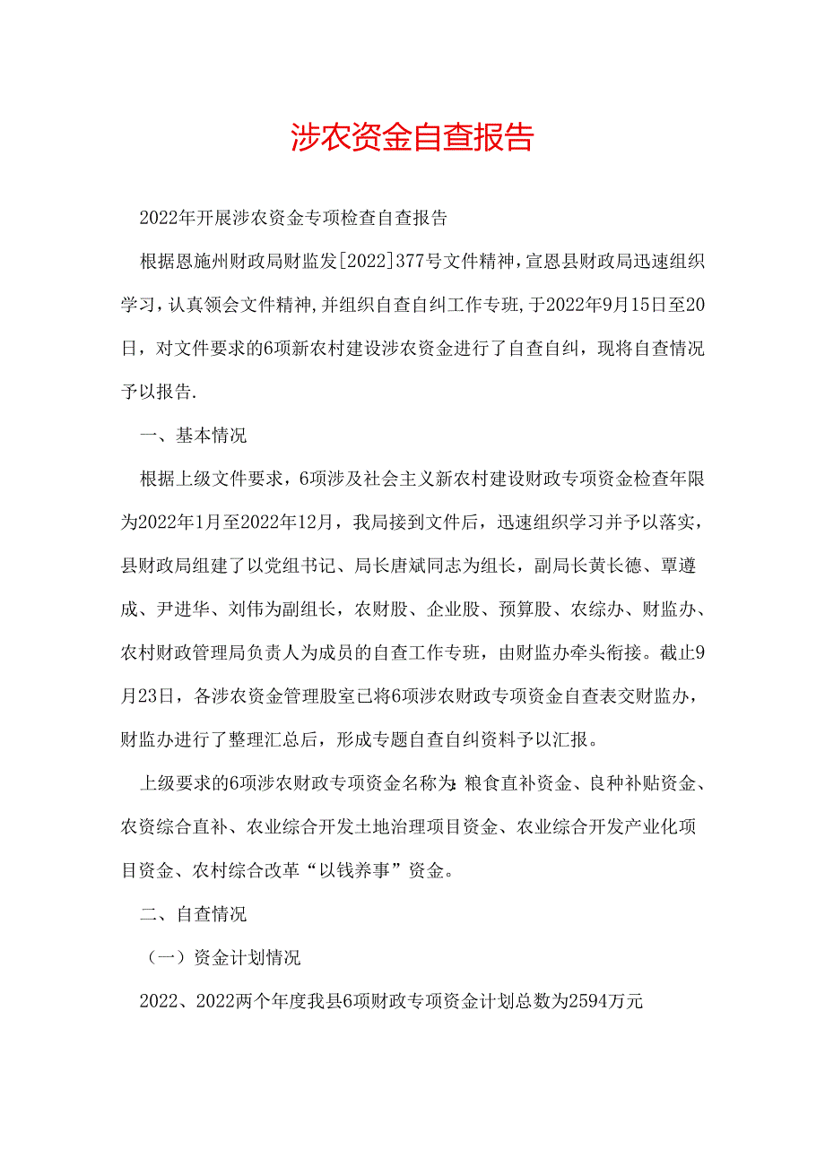 涉农资金自查报告.docx_第1页