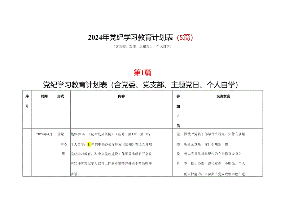 2024年党纪学习教育学习计划安排表（4月-7月）(五篇合集）.docx_第1页