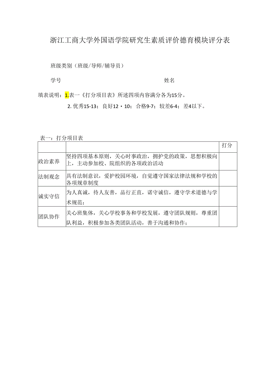 浙江工商大学外国语学院研究生素质评价德育模块评分表.docx_第1页