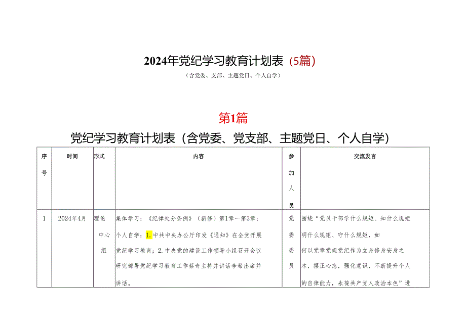 2024年党纪学习教育学习计划表（含《中国共产党纪律处分条例》）多篇合集.docx_第1页