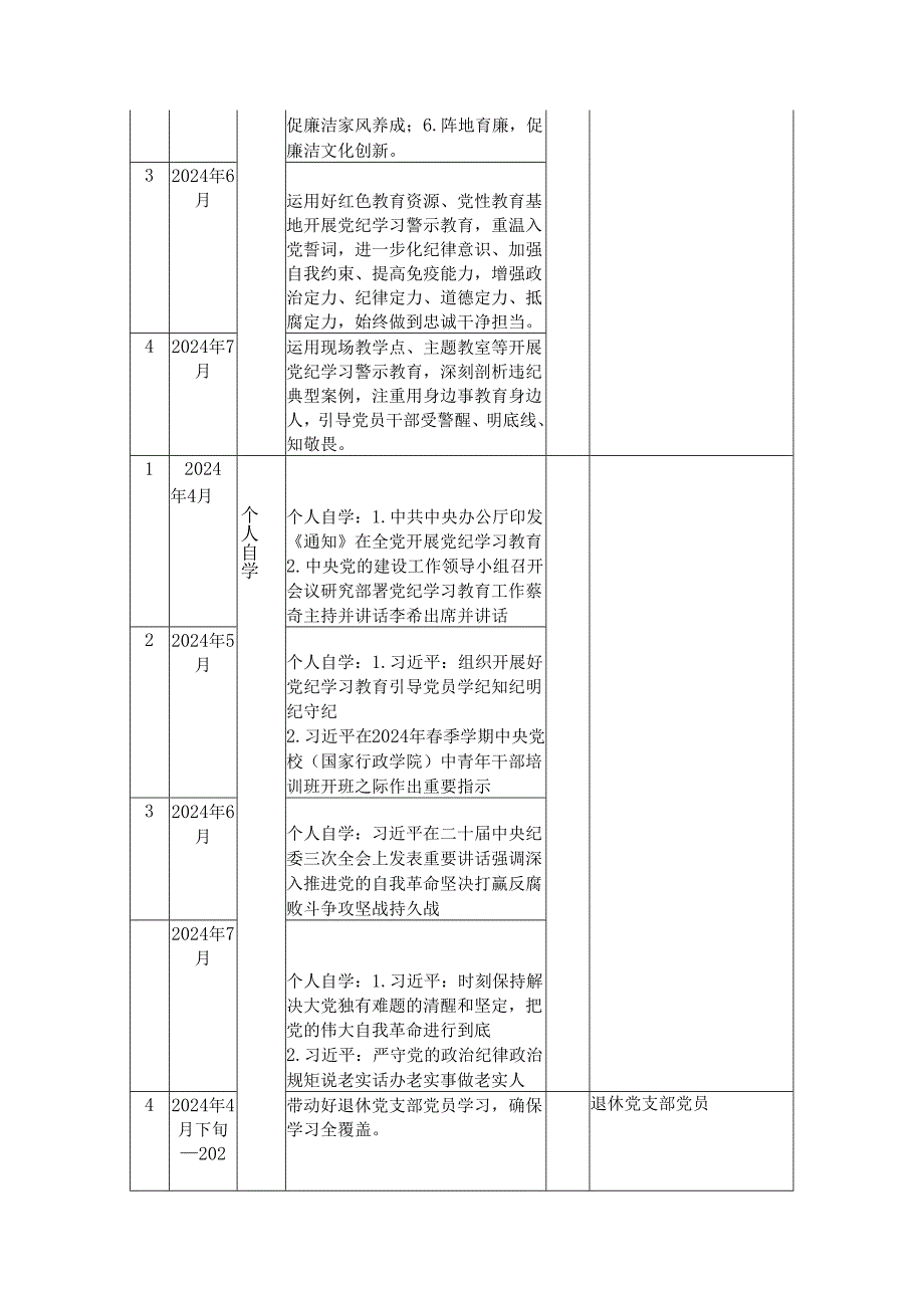 2024年党纪学习教育计划表（含党委、党支部、主题党日活动、个人自学）.docx_第3页