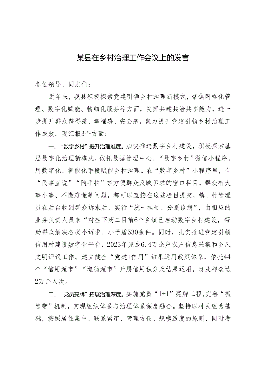 2024年县在乡村治理工作会议上的发言.docx_第1页