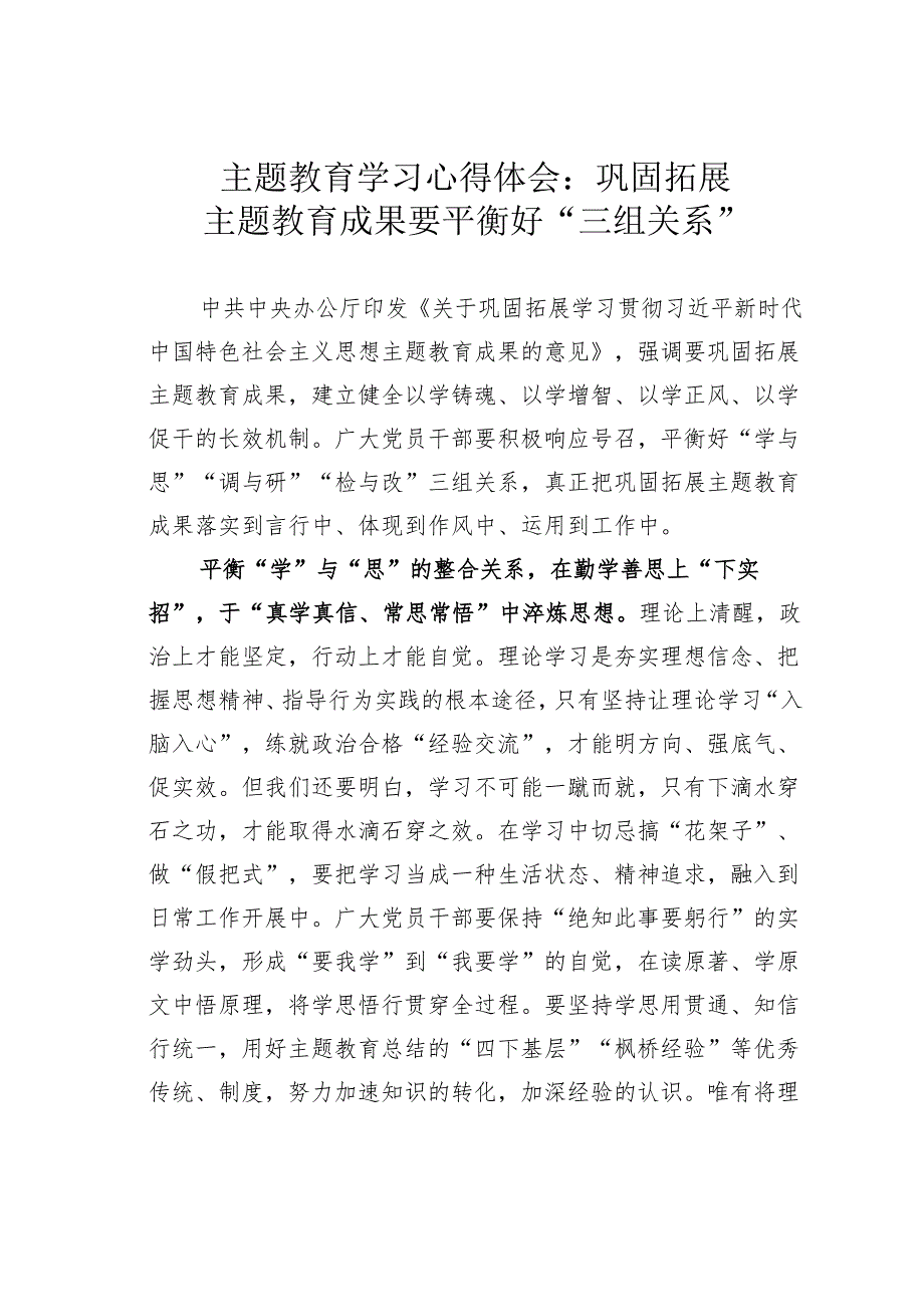 主题教育学习心得体会：巩固拓展主题教育成果要平衡好“三组关系”.docx_第1页