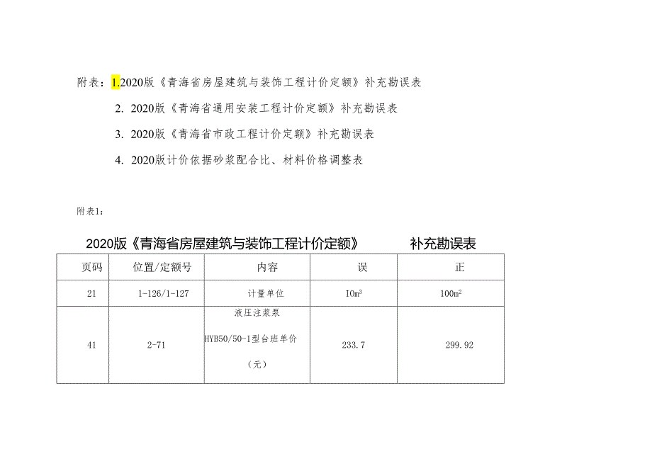 2020版《青海省房屋建筑与装饰工程计价定额》等定额补充勘误.docx_第1页