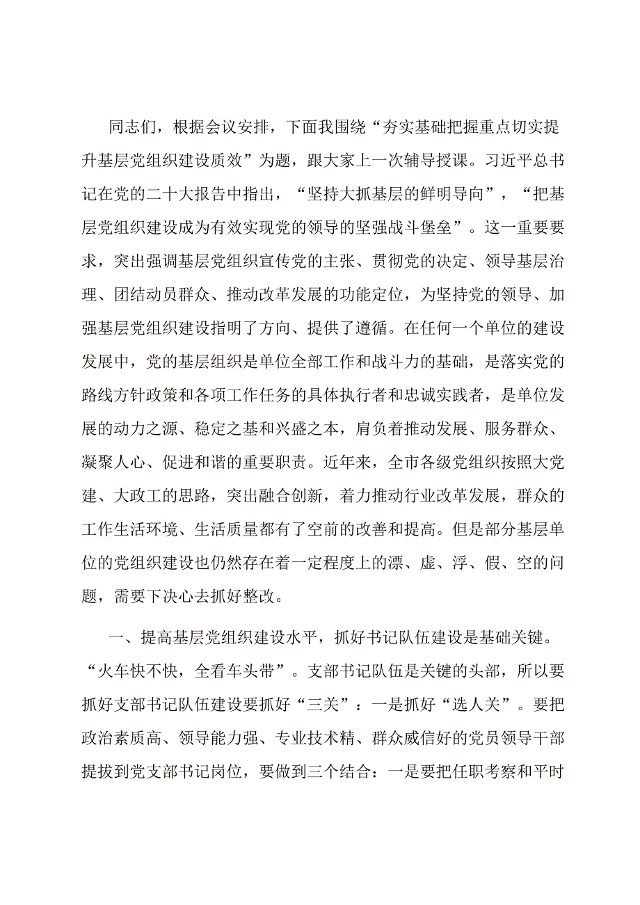 党课讲稿：夯实基础 把握重点 切实提升基层党组织建设质效.docx_第1页