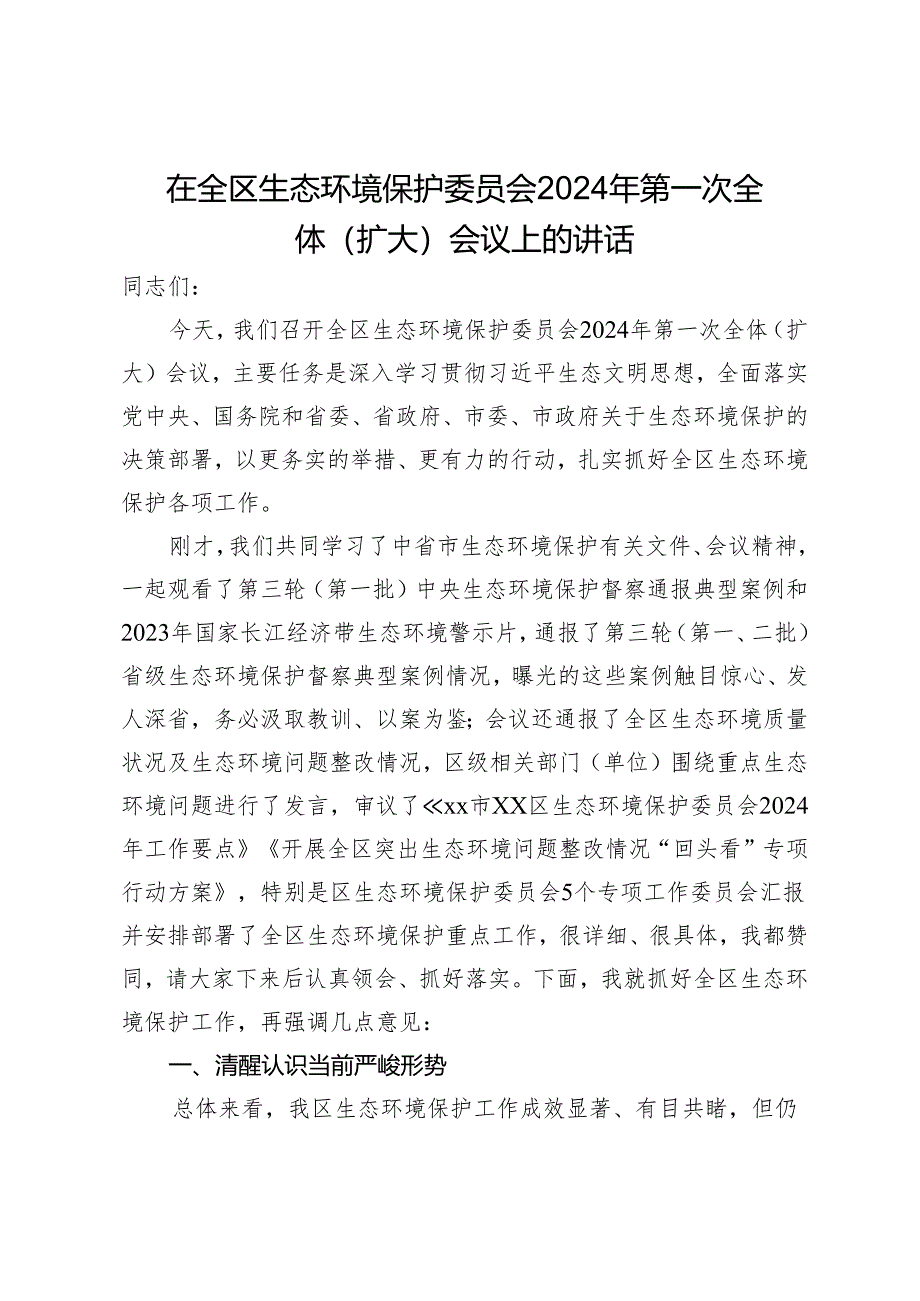 在全区生态环境保护委员会2024年第一次全体（扩大）会议上的讲话.docx_第1页