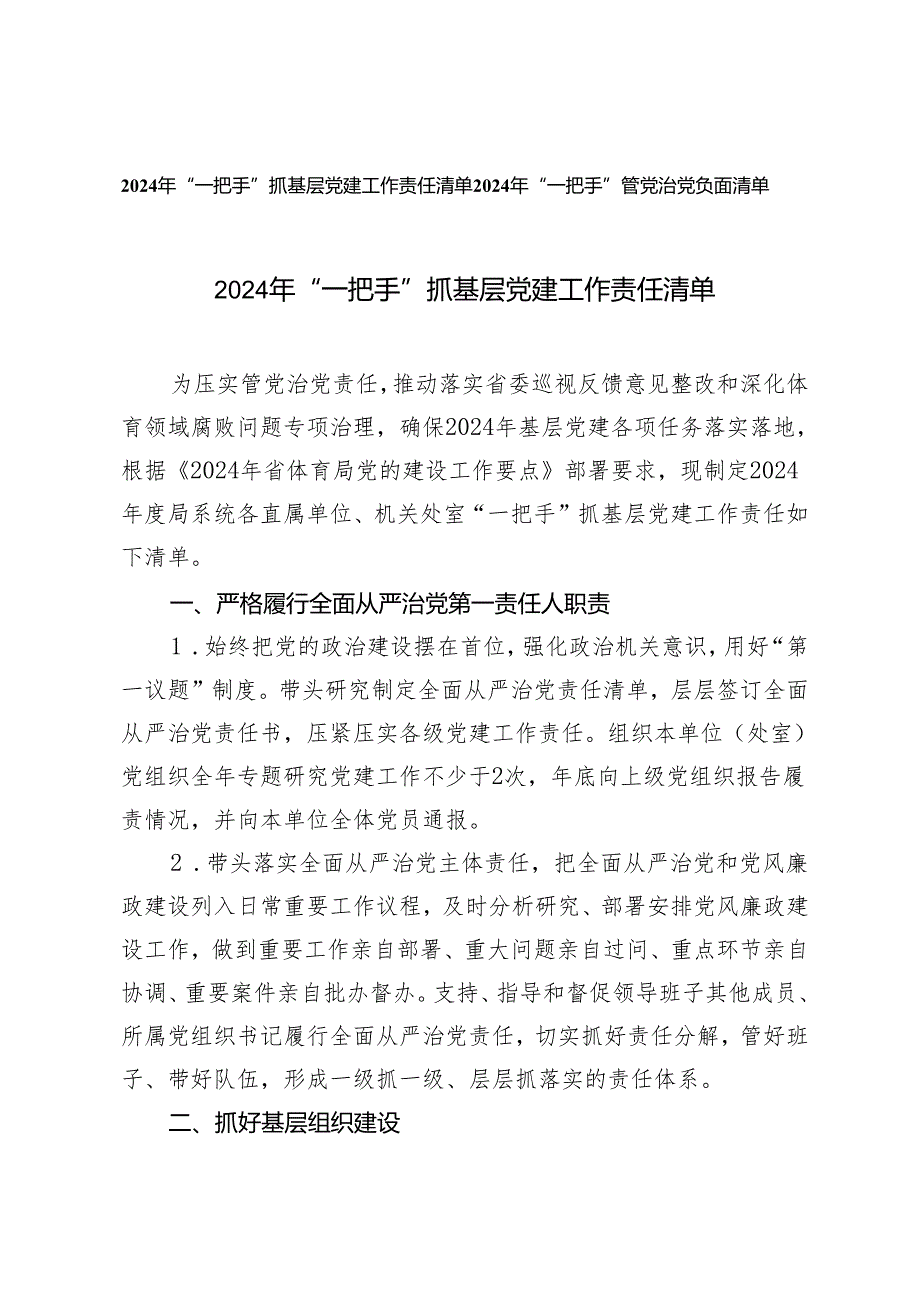 2份 2024年“一把手”抓基层党建工作责任清单 “一把手”管党治党负面清单.docx_第1页