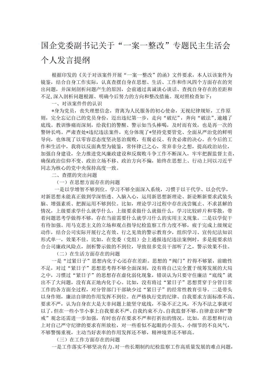 国企党委副书记关于“一案一整改”专题民主生活会个人发言提纲.docx_第1页