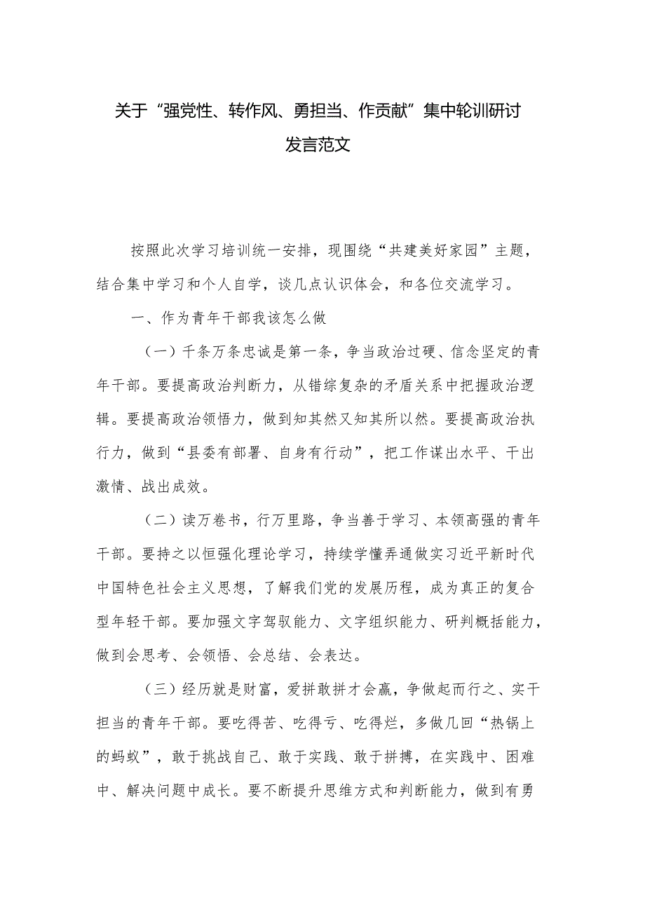 关于“强党性、转作风、勇担当、作贡献”集中轮训研讨发言范文.docx_第1页