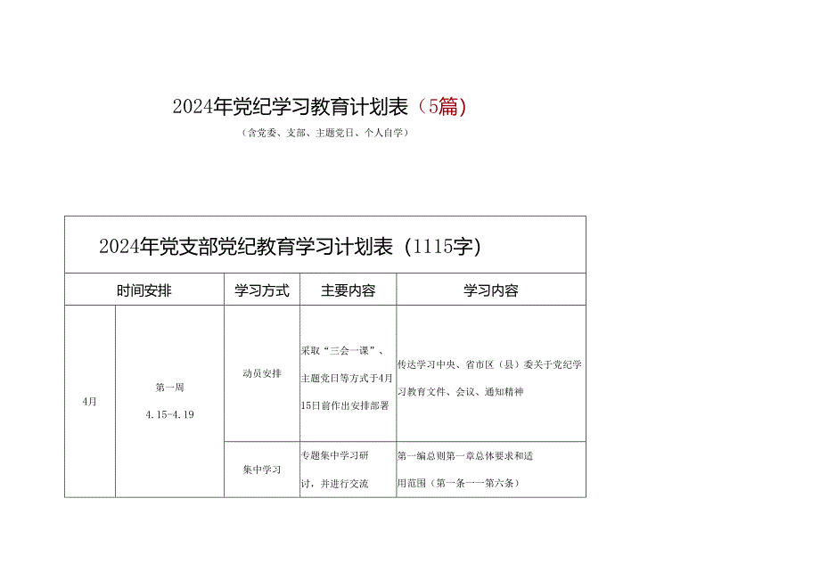 党纪学习教育学习计划安排表格五篇合集资料.docx_第1页