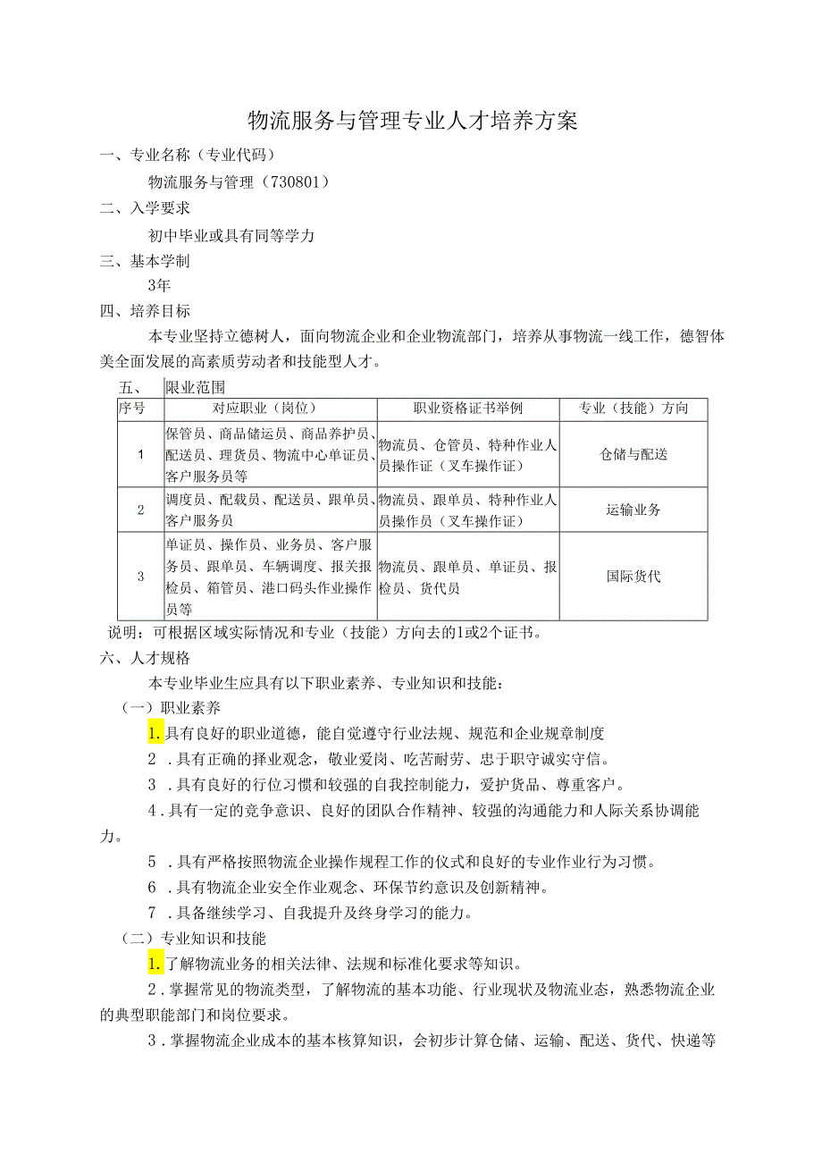 职业学校物流服务与管理专业人才培养方案.docx_第1页