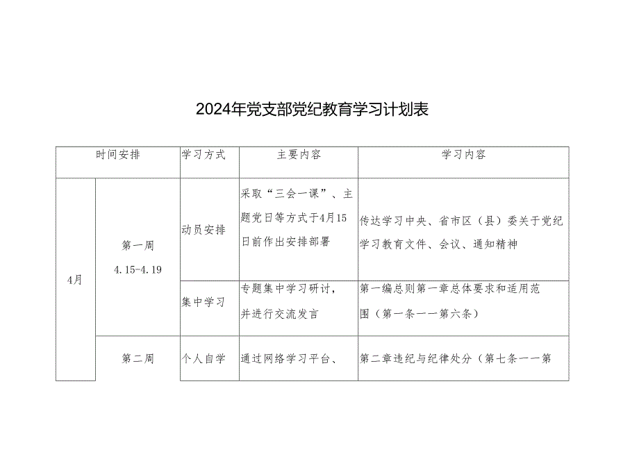 （三篇）2024年党支部党纪教育学习计划表要点.docx_第1页