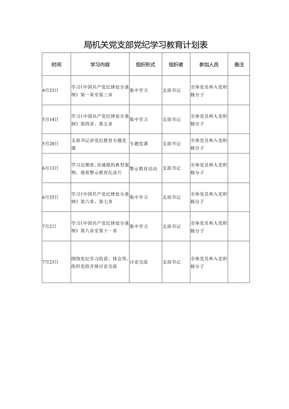 2024年党纪学习教育计划表参考模板.docx_第1页