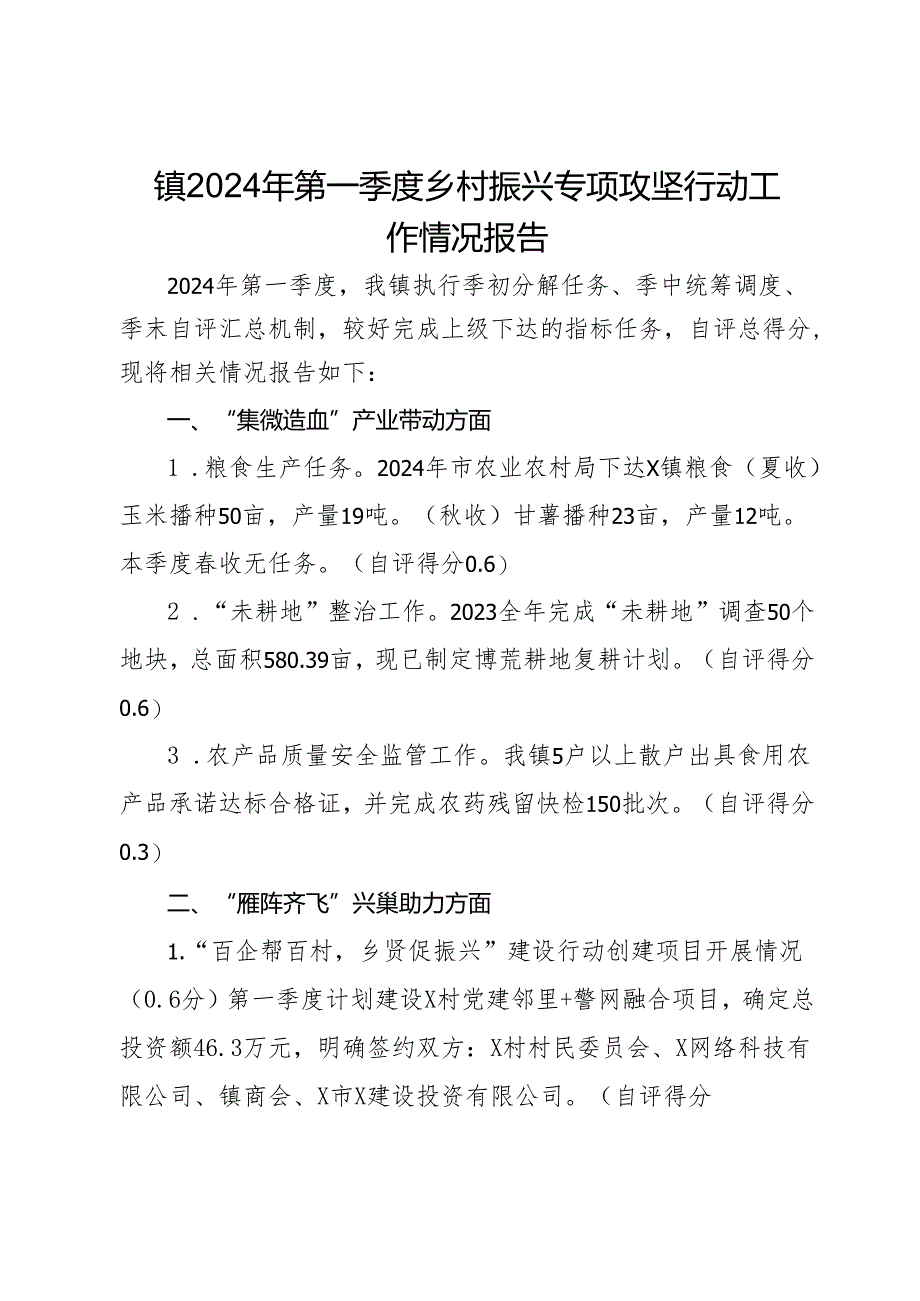 镇2024年第一季度乡村振兴专项攻坚行动工作情况报告.docx_第1页