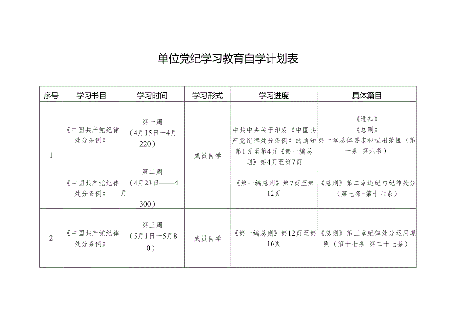 2024年单位党纪学习教育自学计划表.docx_第1页