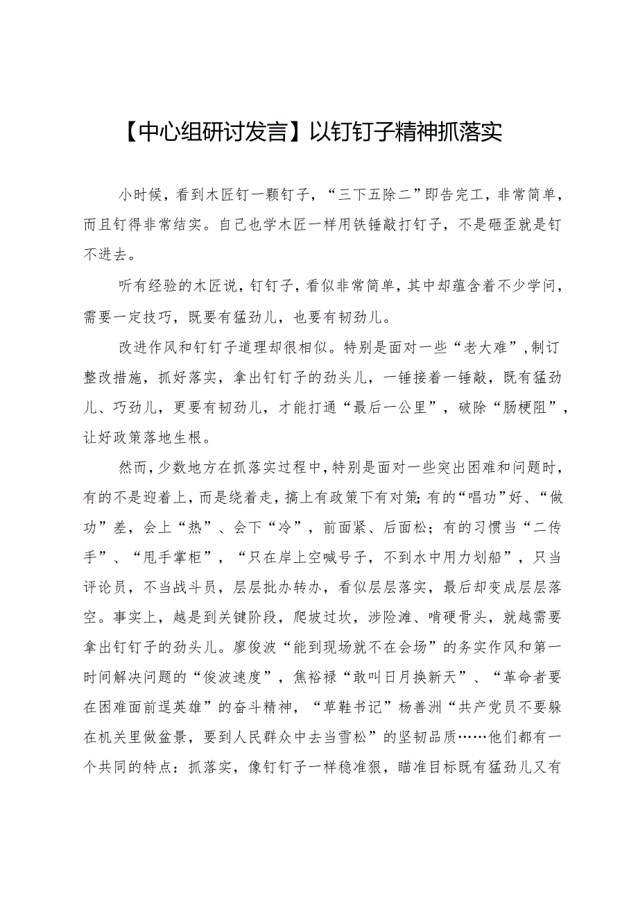 【中心组研讨发言】以钉钉子精神抓落实.docx_第1页