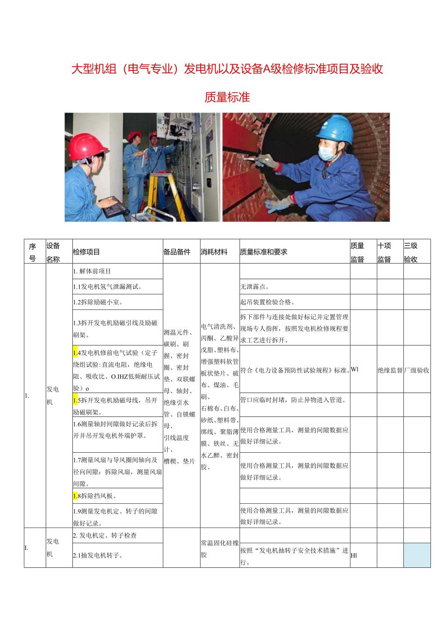 大型机组（电气专业）发电机及其设备A级检修标准项目及验收质量标准.docx_第1页