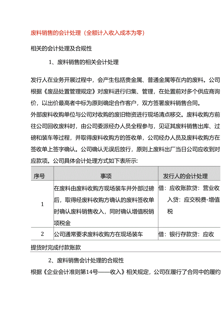 废料销售的会计处理（全额计入收入成本为零）.docx_第1页