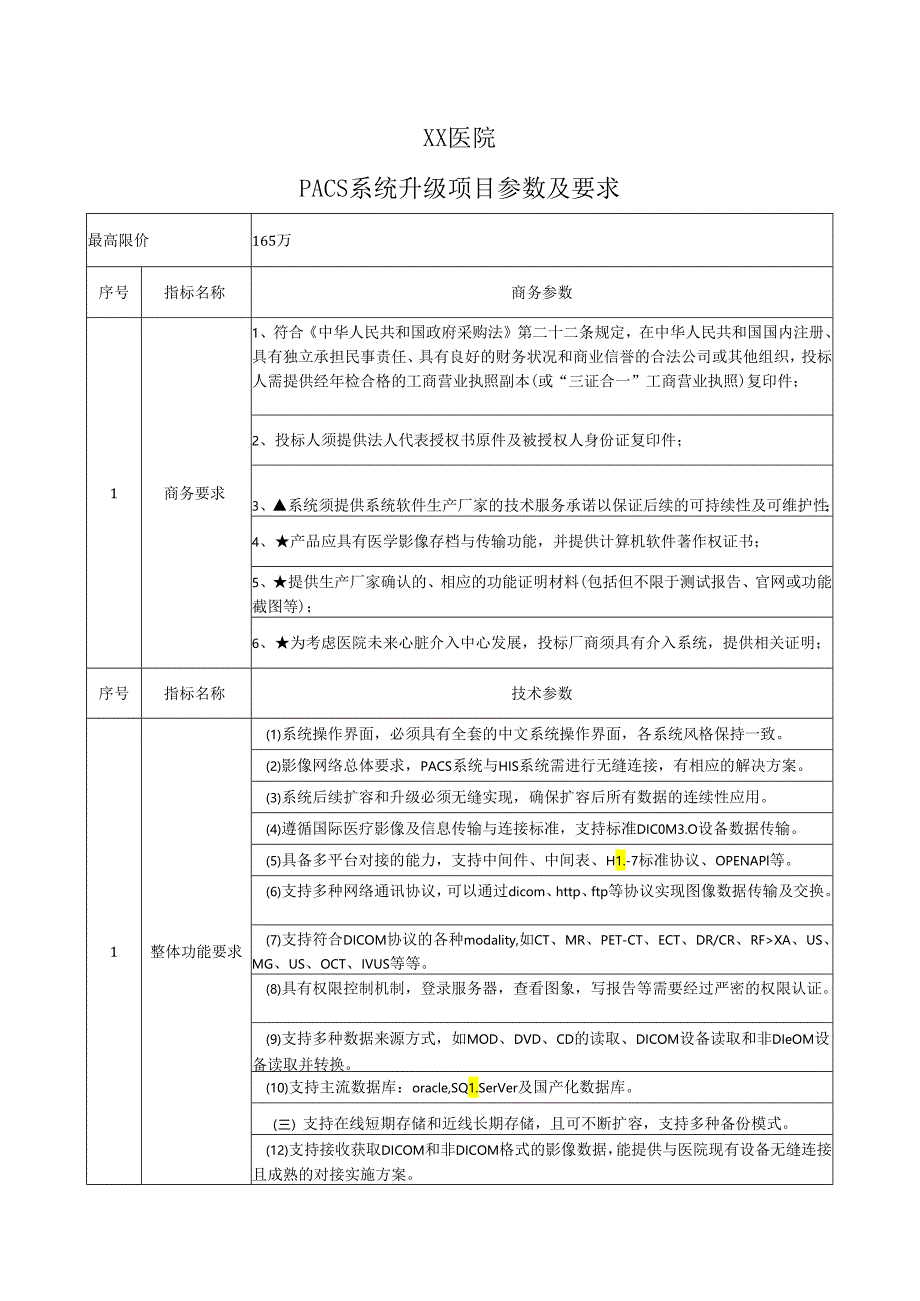 XX医院PACS系统升级项目参数及要求（2024年）.docx_第1页