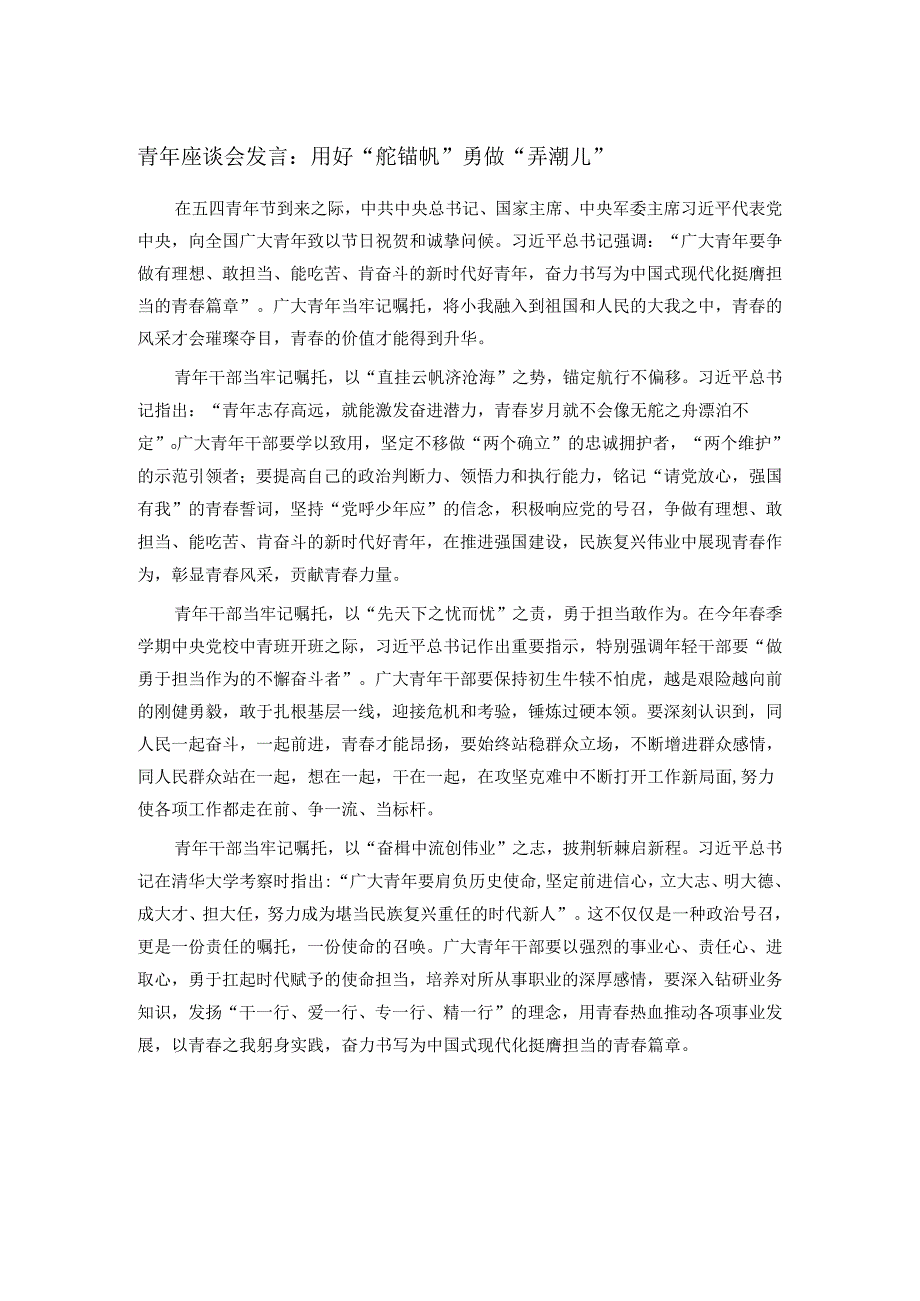 青年座谈会发言：用好“舵锚帆” 勇做“弄潮儿”.docx_第1页