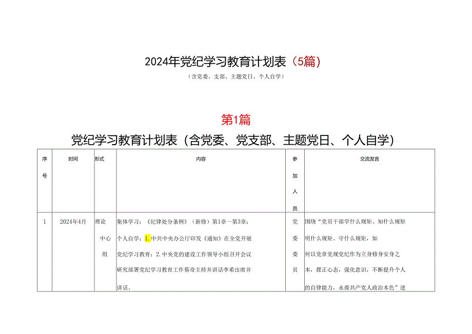 党员党纪学习教育学习计划安排表格合集资料.docx_第1页