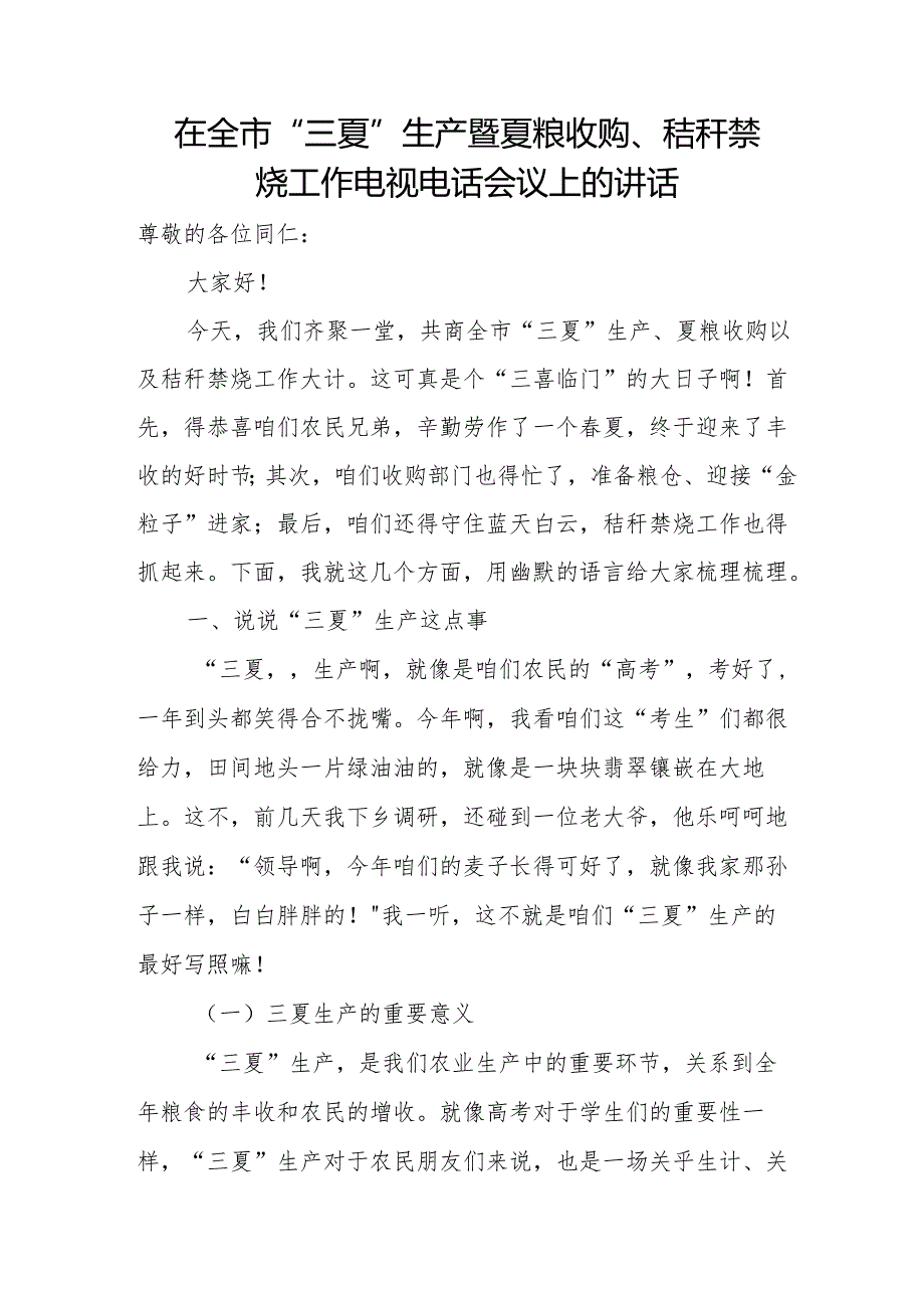 在全市“三夏”生产暨夏粮收购、秸秆禁烧工作电视电话会议上的讲话.docx_第1页