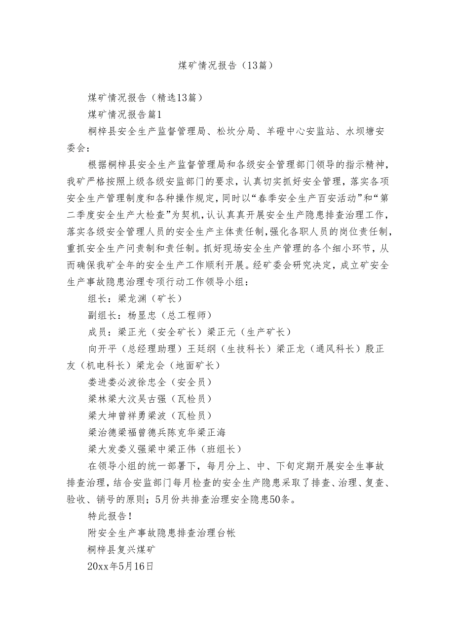 煤矿情况报告（13篇）.docx_第1页