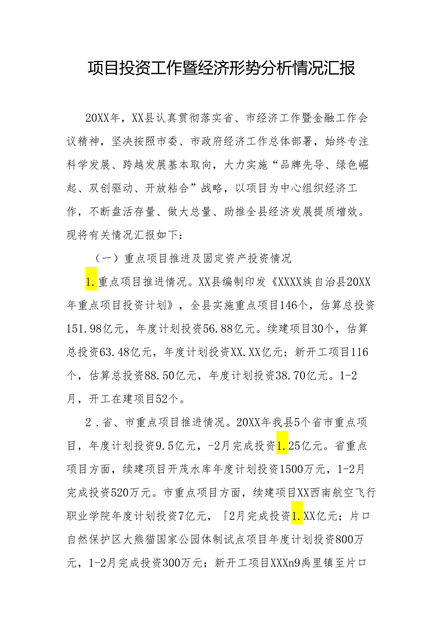 项目投资工作暨经济形势分析情况汇报.docx_第1页