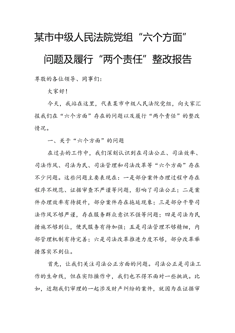 某市中级人民法院党组“六个方面”问题及履行“两个责任”整改报告.docx_第1页