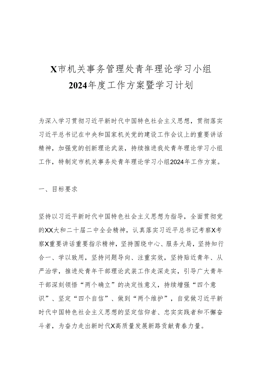 X市机关事务管理处青年理论学习小组2024年度工作方案暨学习计划.docx_第1页