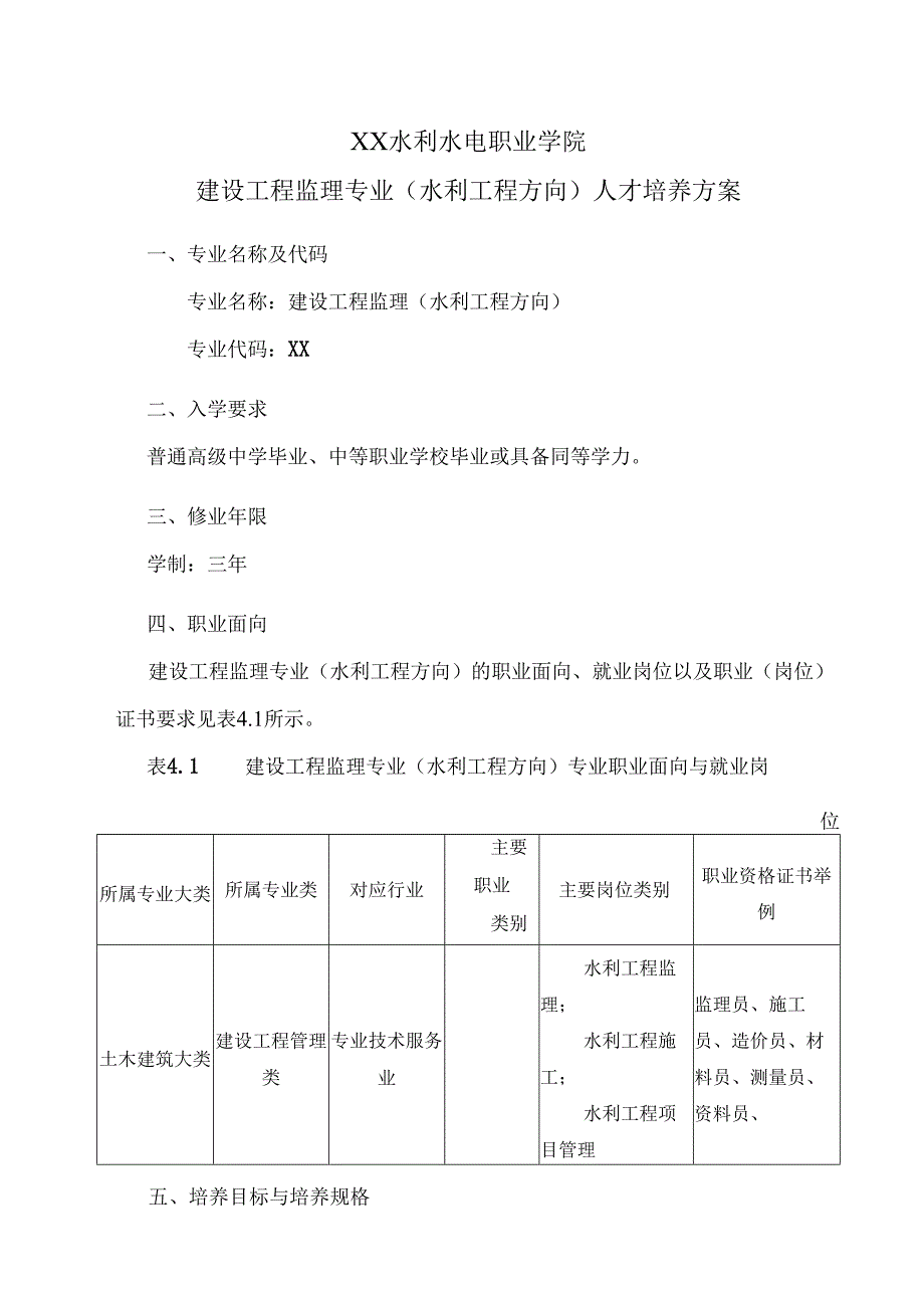 XX水利水电职业学院建设工程监理专业（水利工程方向）人才培养方案（2024年）.docx_第1页