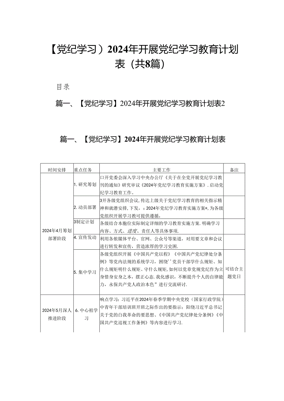 【党纪学习】2024年开展党纪学习教育计划表8篇供参考.docx_第1页