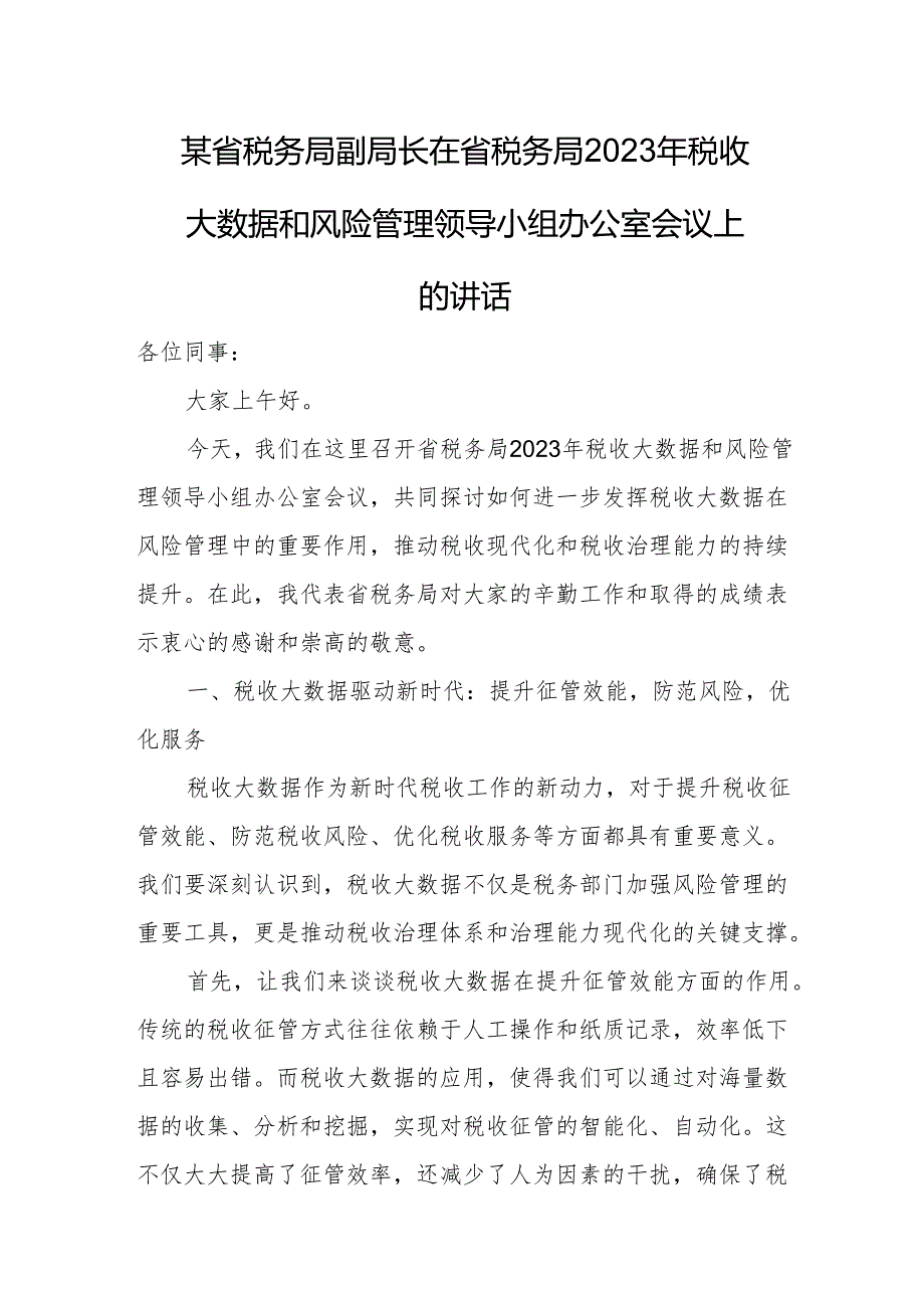 某省税务局副局长在省税务局2023年税收大数据和风险管理领导小组办公室会议上的讲话.docx_第1页