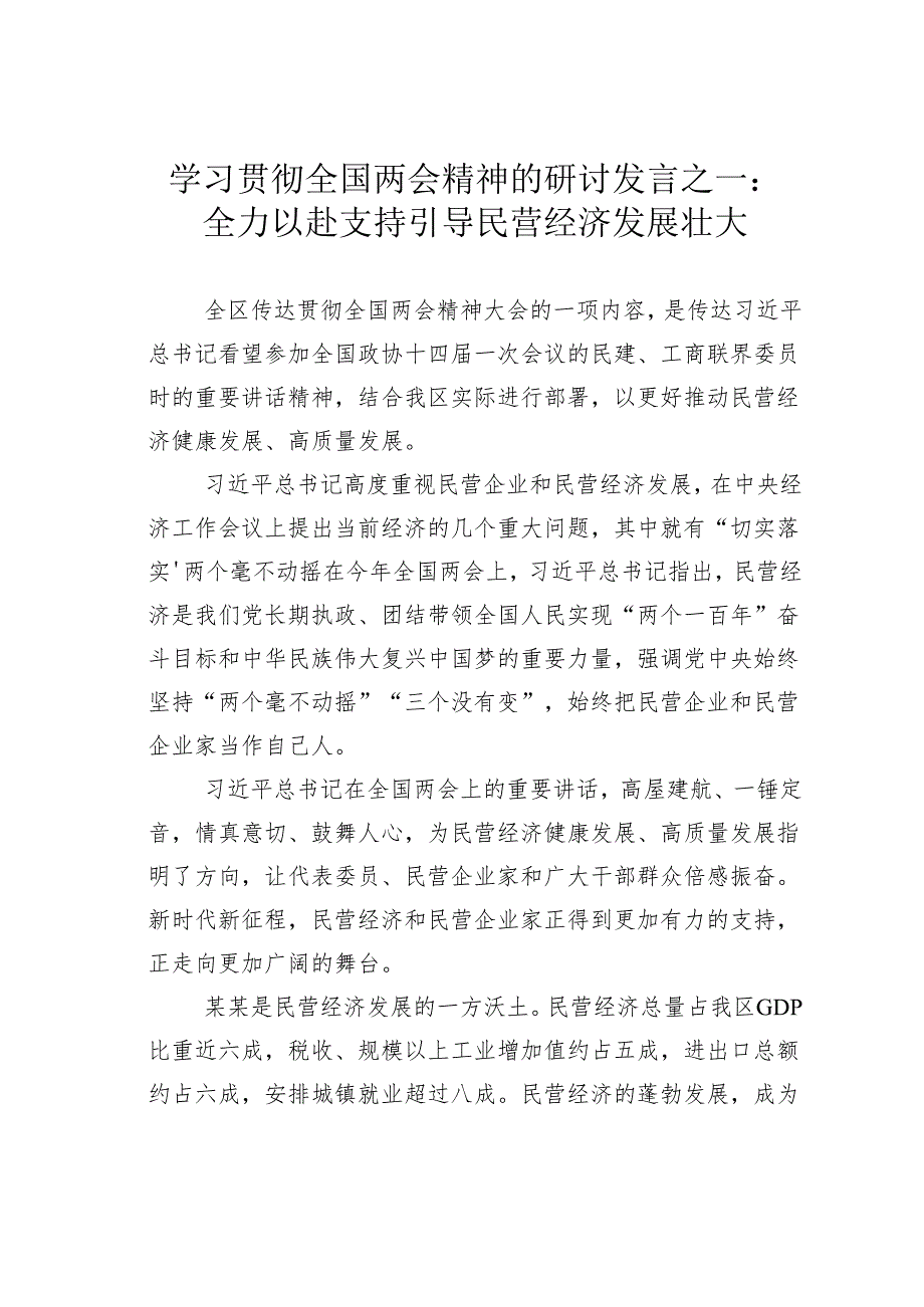 学习贯彻全国两会精神的研讨发言之一：全力以赴支持引导民营经济发展壮大.docx_第1页