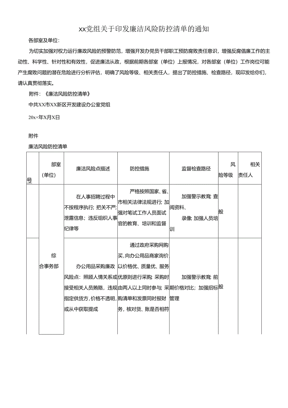 【廉政风险表格】廉洁风险防控清单（xx单位）（廉政风险点排查清单表格）.docx_第1页