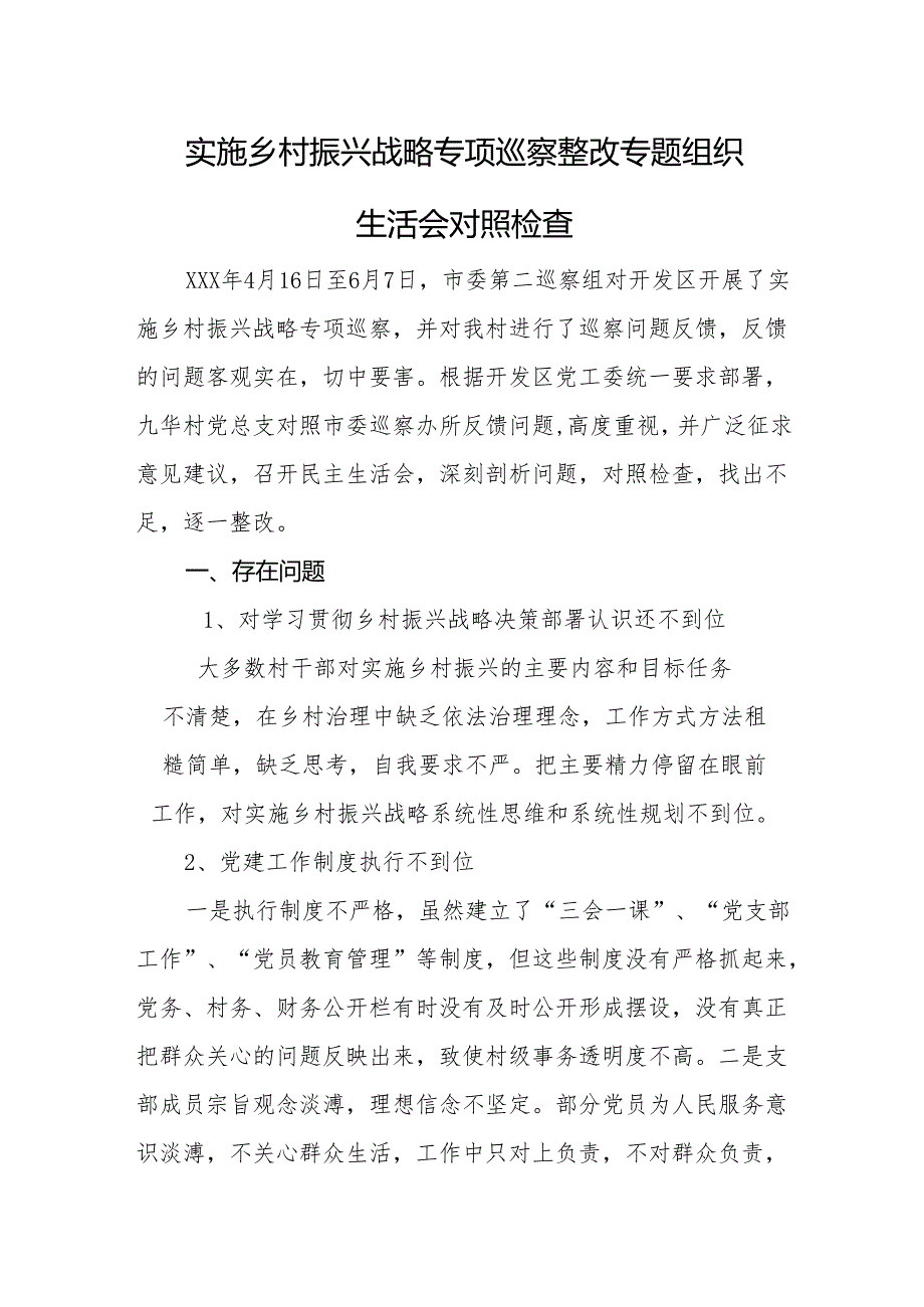 实施乡村振兴战略专项巡察整改专题组织生活会对照检查.docx_第1页