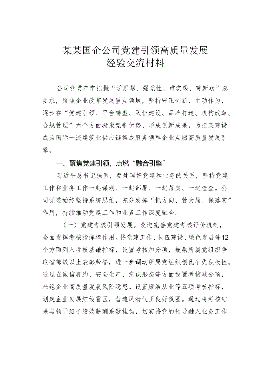 某某国企公司党建引领高质量发展经验交流材料.docx_第1页