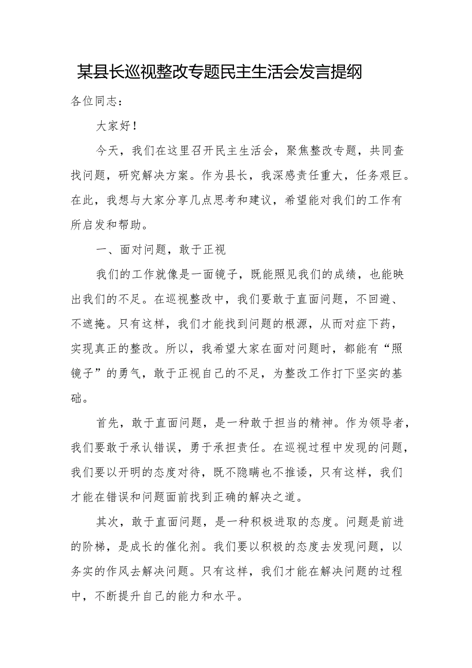 某县长巡视整改专题民主生活会发言提纲.docx_第1页