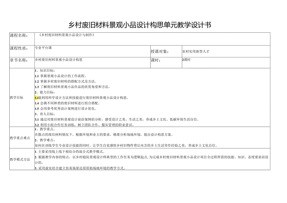 《乡村废旧材料景观小品设计与制作》单元教学设计-乡村废旧材料景观小品设计构思.docx_第1页