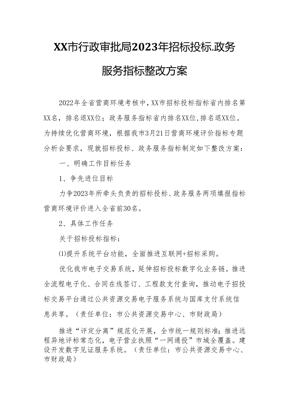 XX市行政审批局2023年招标投标、政务服务指标整改方案.docx_第1页