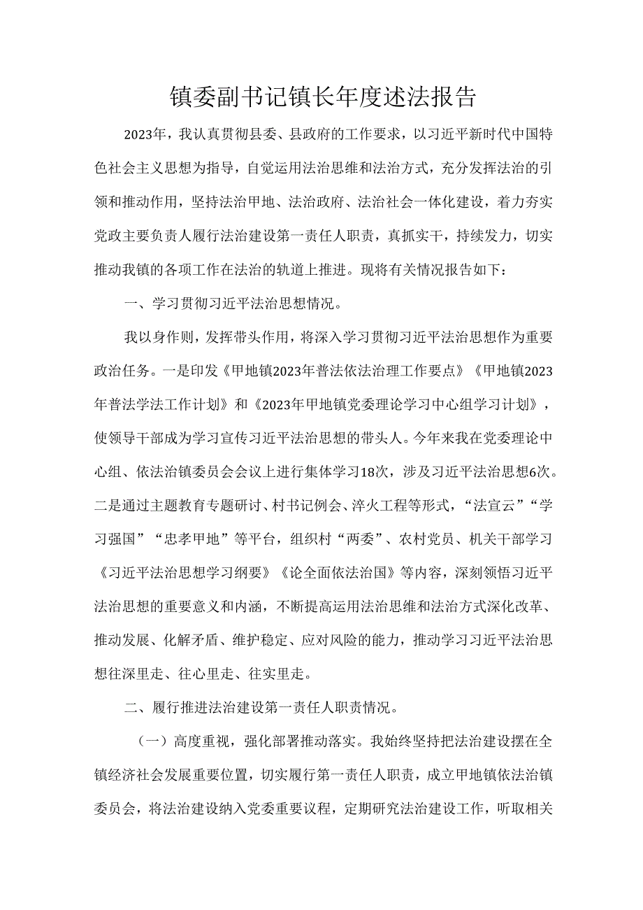 镇委副书记镇长年度述法报告.docx_第1页