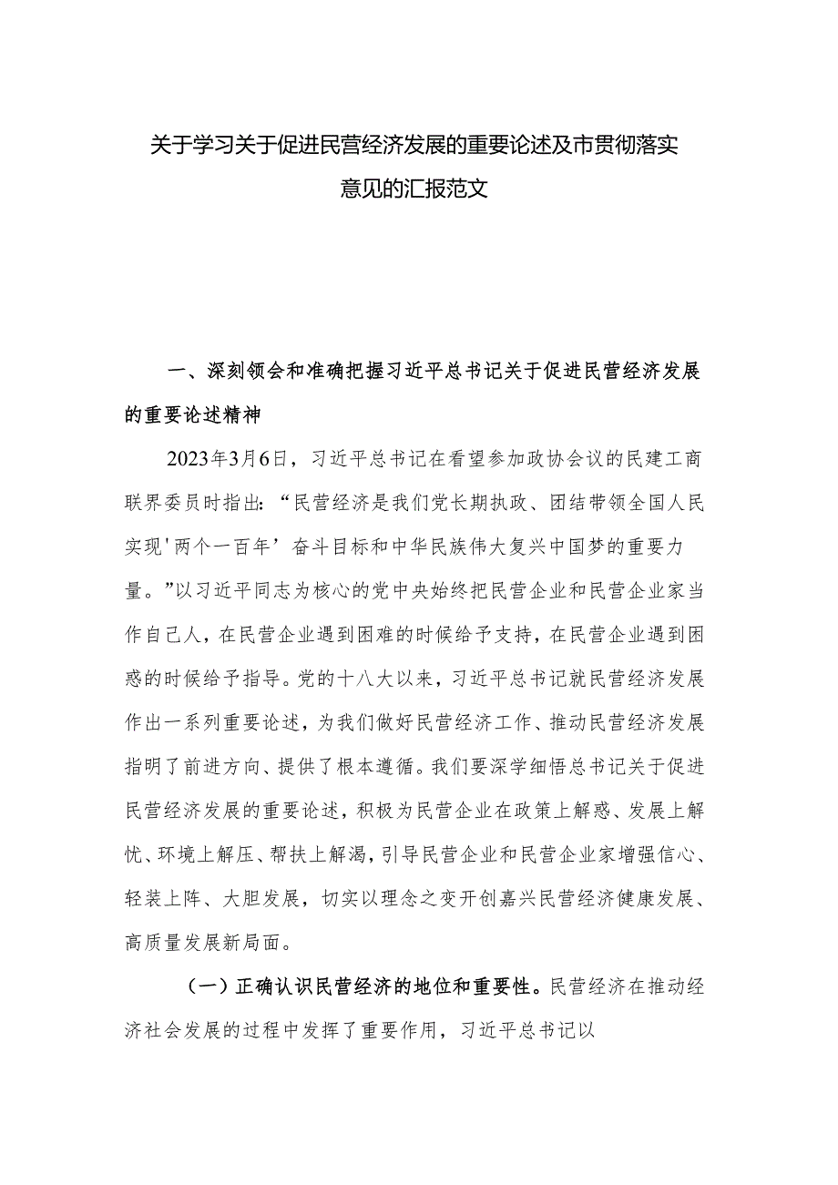 关于学习关于促进民营经济发展的重要论述及市贯彻落实意见的汇报范文.docx_第1页