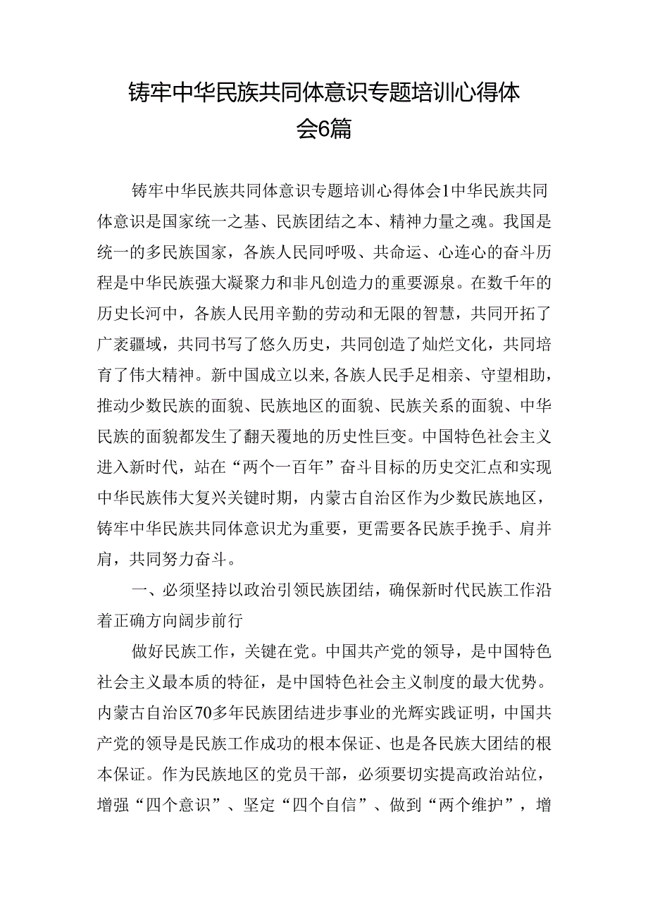 铸牢中华民族共同体意识专题培训心得体会6篇.docx_第1页