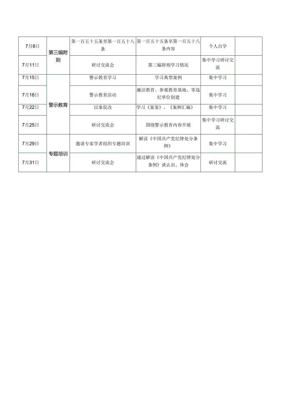 2024年党纪学习教育学习计划表（中国共产党纪律处分条例）.docx_第2页