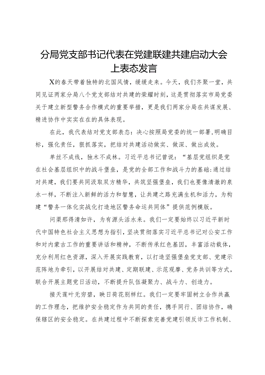 分局党支部书记代表在党建联建共建启动大会上表态发言.docx_第1页