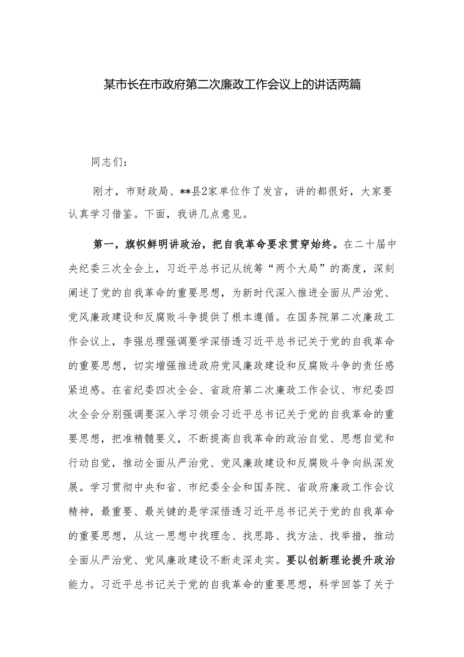 某市长在市政府第二次廉政工作会议上的讲话两篇.docx_第1页