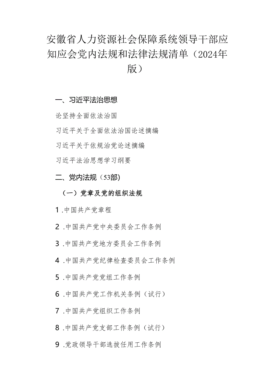 安徽省人力资源社会保障系统领导干部应知应会党内法规和法律法规清单（2024年版）.docx_第1页