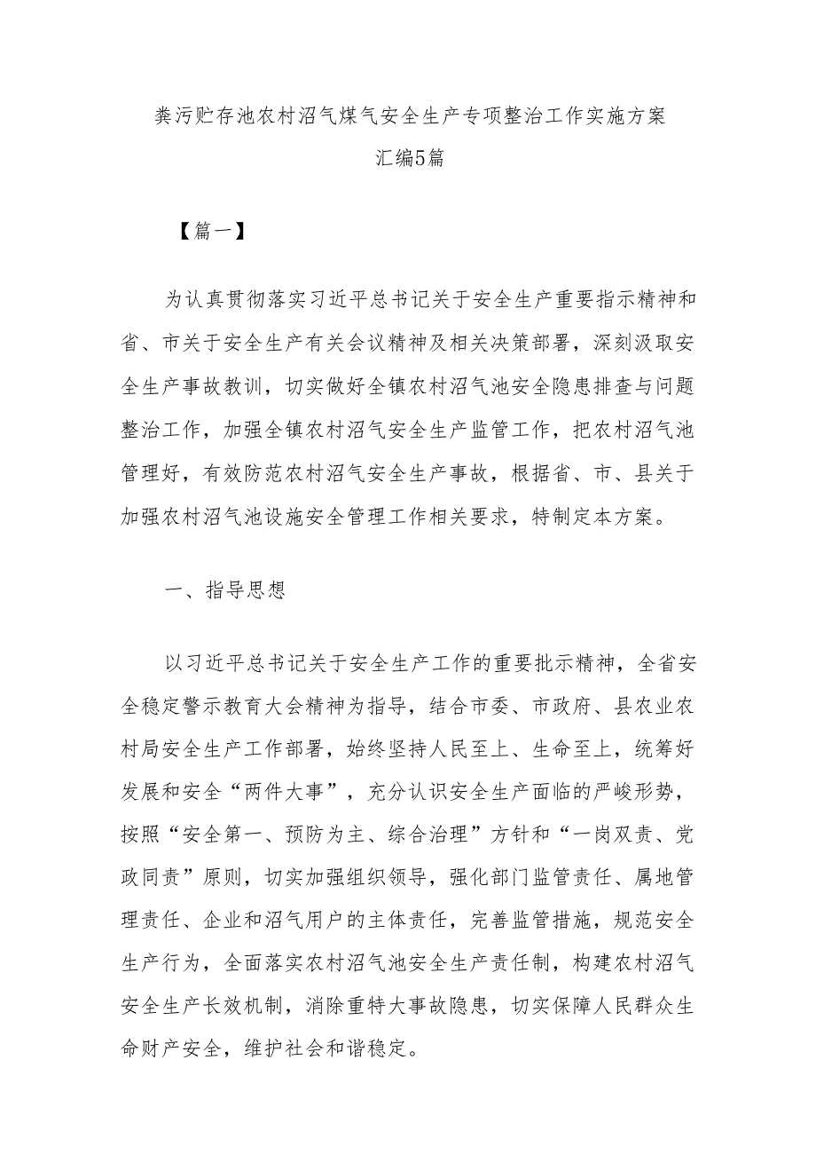 (5篇)粪污贮存池农村沼气煤气安全生产专项整治工作实施方案汇编.docx_第1页